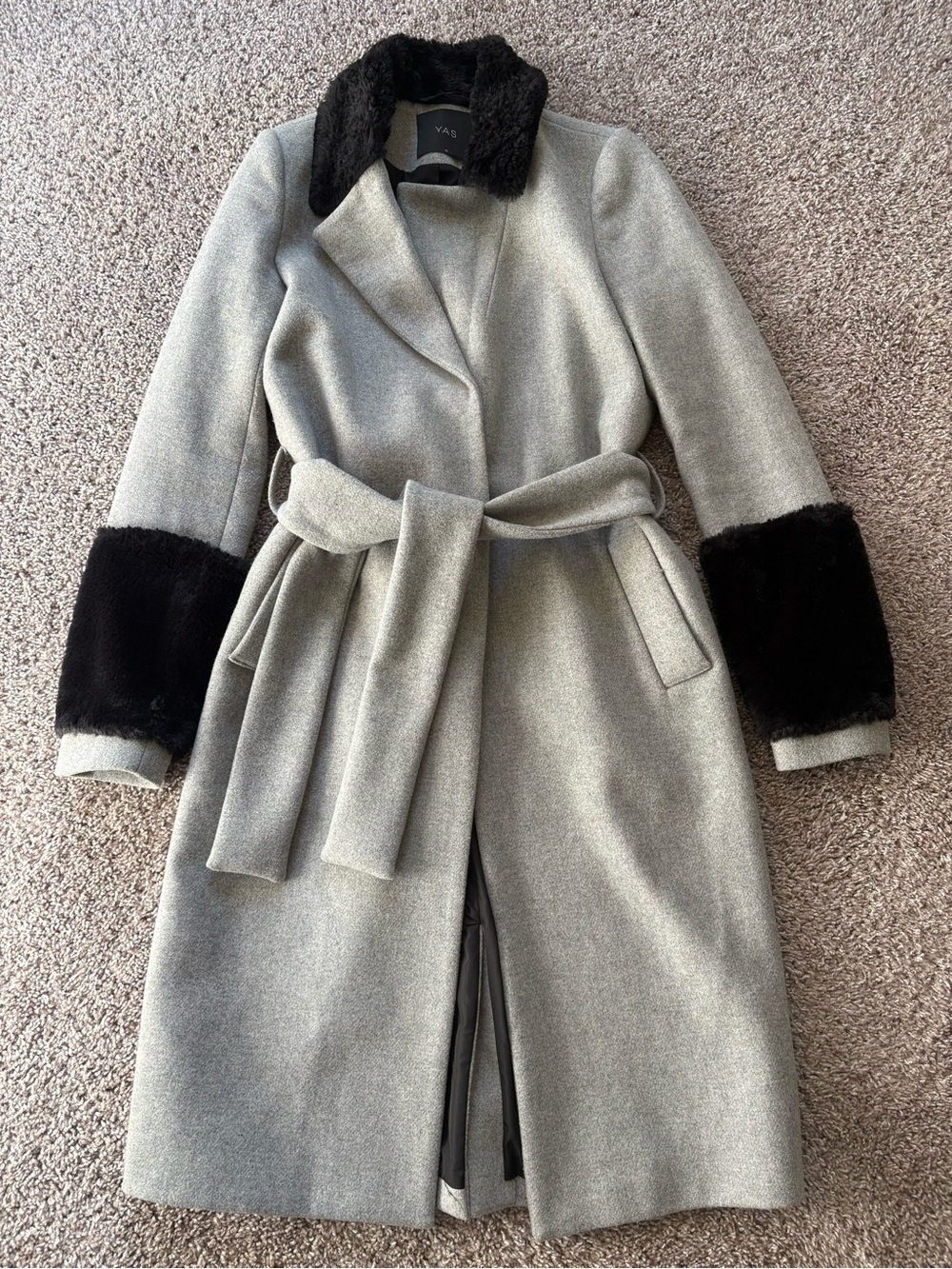 Grey Belted Trench Coat with Black Faux Fur Trim